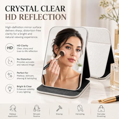Image of Foldable Makeup Mirror with Adjustable Stand, Portable HD Vanity Mirror for Travel & Dressing Table, PU Leather Crocodile Pattern Compact Cosmetic Mirror for Women & Girls(16x11cm) (White)