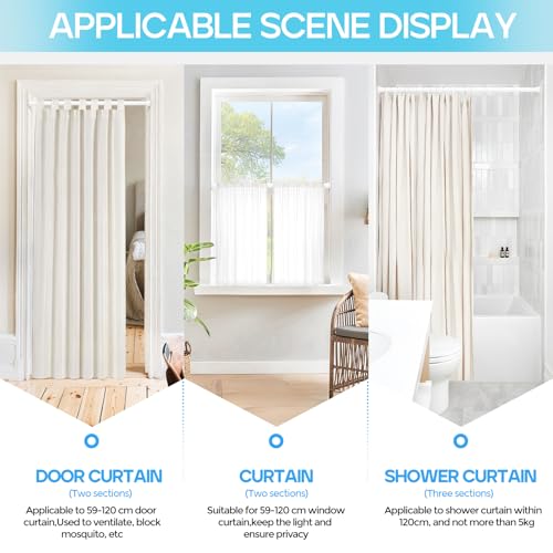 Image of Extendable Curtain Poles 59-120 cm, Tension Rods for Curtains Adjustable Shower Curtain Poles No Drilling Spring Loaded Curtain Rod Shower Rail for Bathroom Window Door Wardrobe, White