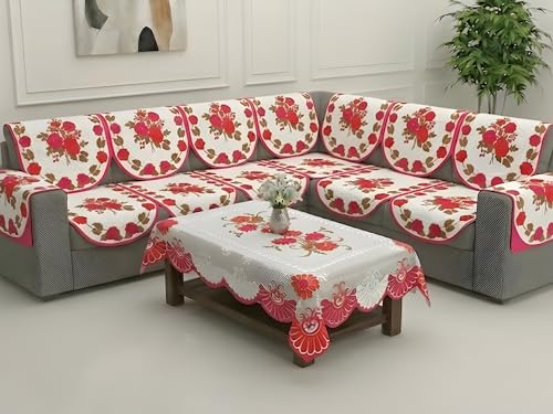 Image of Fab Nation Sofa Cover L Shape 6 Seater with Corner L Type Fully Covered Sofa Set for Living Room | Cotton Sofa Slipcovers for 3 + 3 Seaters Cover with 2 Arms + 1 Table Cover | Pink Rose