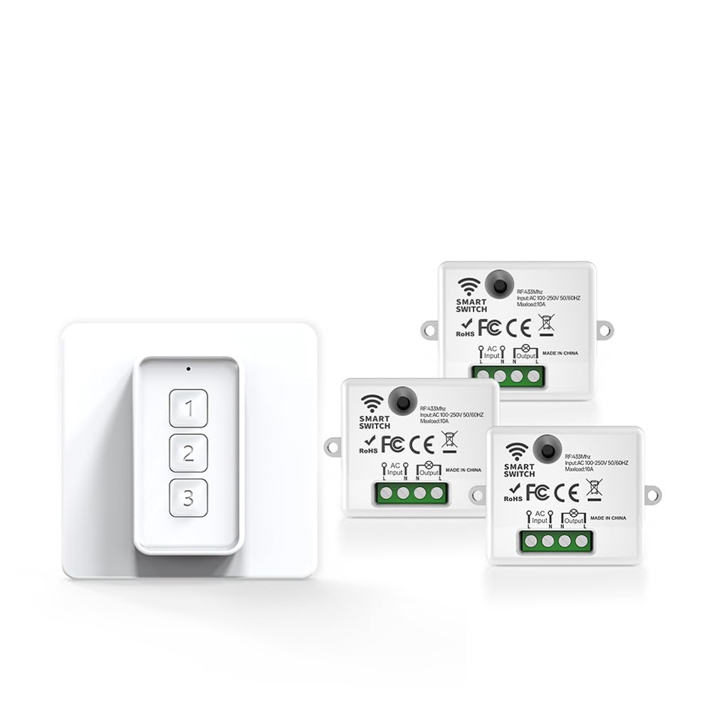 RF433 Funk Lichtschalter Set mit Fernbedienung, kabellos, batteriebetrieben | Einfache Installation, stabiles RF433 Signal, überall klebbares Design, einfache Bedienung, große Reichweite Lampensteuerung
