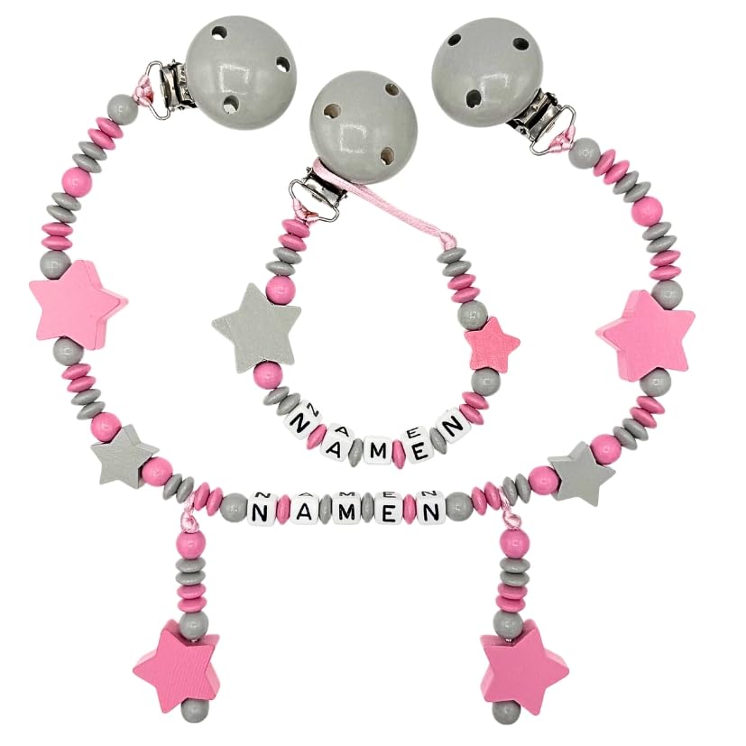 Set Nuckelkette + Kinderwagenkette mit Namen " STERNE " Hellgrau Babyrosa/Baby/Unisex/Personalisiert/HANDMADE