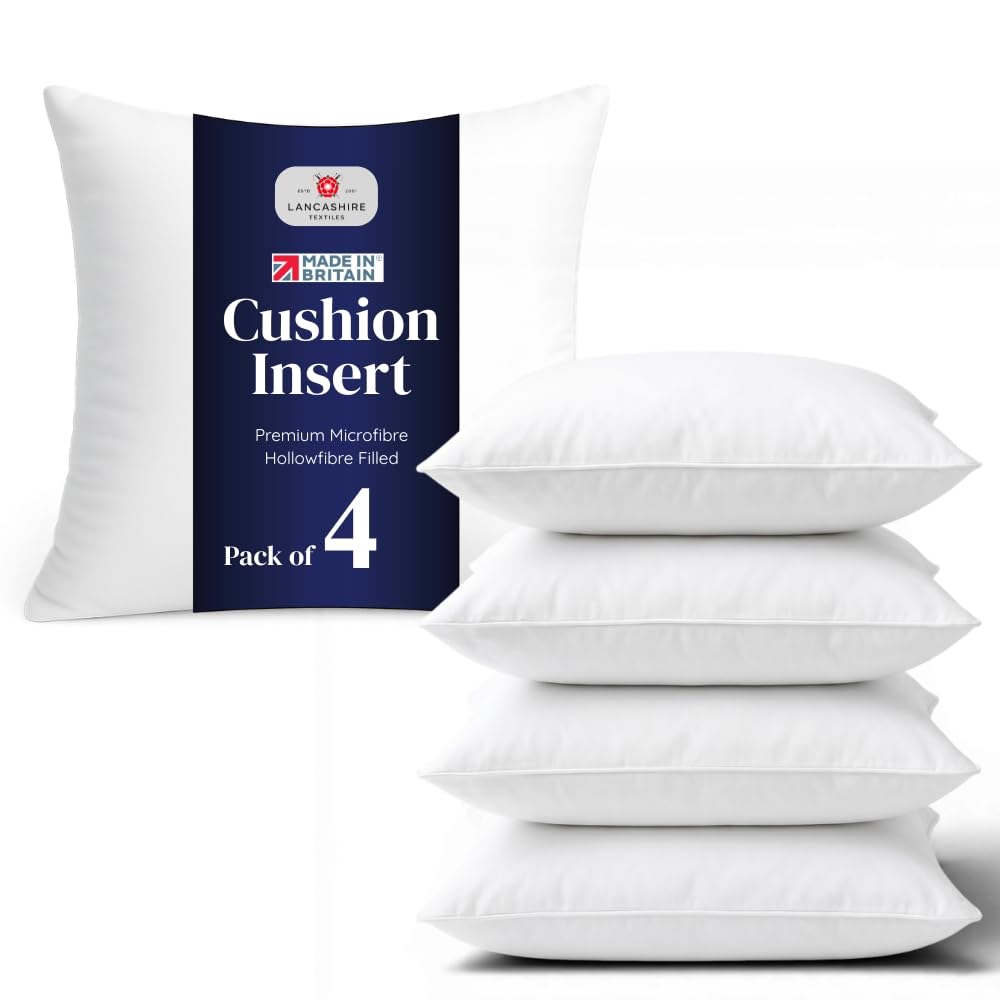 Lancashire Textiles 4 Pack Cushion Pads 20x20 Inch (50x50cm) – Premium Hollowfibre Cushion Inserts, Soft Microfibre Sofa Cushion Inner Pads, Hypoallergenic Scatter Cushions Made in Britain