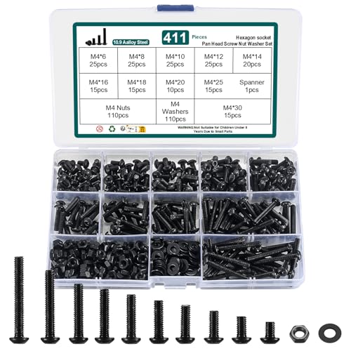Kit Vis M4, Ensemble de 411 Pièces de Vis à Six Pans Creux et Ecrous et Rondelles Assorties, Noirs Vis à Tête Cylindrique à Six Pans Creux Filetées avec...