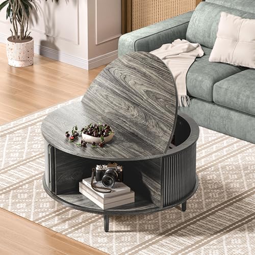 Image of Round Coffee Table, 31.5 inch Fluted Center Table with Storage, Lift-Top Coffee Table with Adjustable Footpads, Sliding Door, Mid-Century Modern Center Table for Living Room, Small Space (Grey)