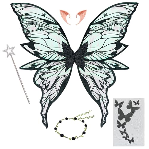 HuaMuDM Asas de fadas para adultos, asas de borboleta, Elf Ears, varinha mágica, Flower Wreath, autocolantes, Halloween, Natal, carnaval