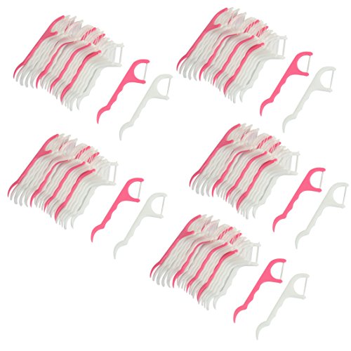 uxcell® 100 Pcs Dental Floss Picks Toothpicks Teeth Stick Oral Care White Fuchsia