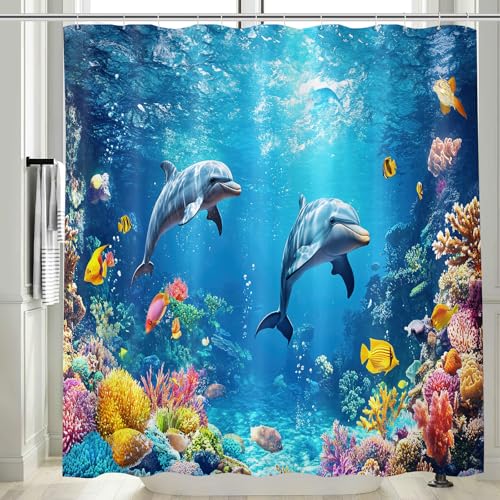 Vgzsyomqib Rideau Douche Anti Moisissure Dauphin Rideaux Baignoire 240x200 cm Tissu Polyester Imperméable Imprimé Océan Fond Marin Rideau de Douche Tissus Lavable Machine, Bleu 04