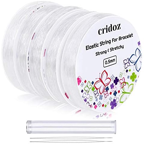 Stretchy String for Bracelets, Cridoz 5 Rolls Clear Elastic String Stretch Cord Jewelry Bead Bracelet String with 2 Pcs Beading Needles for Seed Beads, Pony Beads Cover