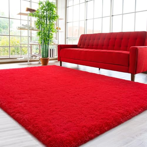 HOMORE Red Rug 5x8 Feet, Large Fluffy Area Rug for Living Room Modern Shag Rugs for Bedroom, Super Soft Furry Rug for Girls Room, Cute Rugs and Carpets for Kids Nursery Home Dorm Christmas Decor