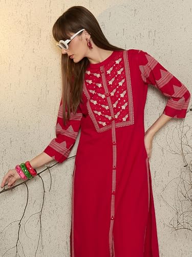 Image of INDO ERA Women's Pure Cotton Floral Printed Calf Length A-Line Kurta & Pant Set (IESTR10990)