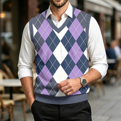 Christmas Sweater Vest Men V Neck Plaid Knit Lightweight Pullover Sweater - image 2