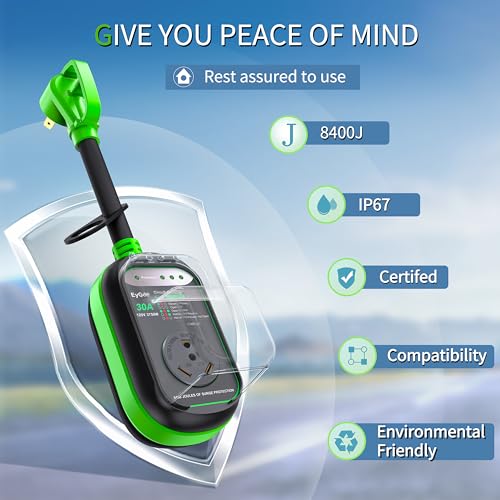 Image of EyGde RV Surge Protector 30 Amp Waterproof Upgraded 8400 Joules Surge Protector for 30Amp Plug, Voltage Protection with Circuit Analyzer Power Guard for Camper Travel Trailer, Green