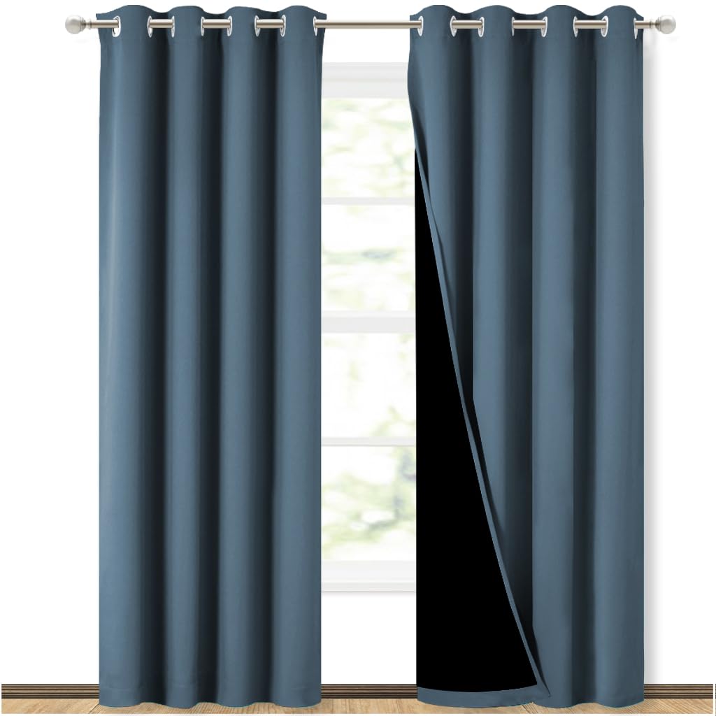 NICETOWN 100% Blackout Curtains 84 inches Long, Smoky Blue, 52 inches Wide, Pair of Energy Smart &amp; Noise Blocking Out Drapes for Baby Room Window, Thermal Insulated Guest Room Lined Window Dressing