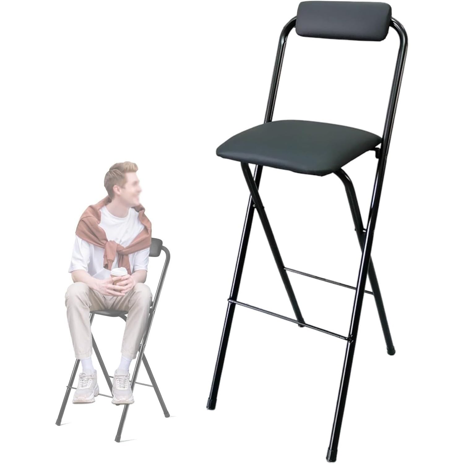 Taburete De Bar Plegable con Respaldo, Silla De Cocina Tapizada con Altura De Barra, Trona Portátil para Adultos, Taburete Alto para Desayuno Interior Y Balcón 65CM