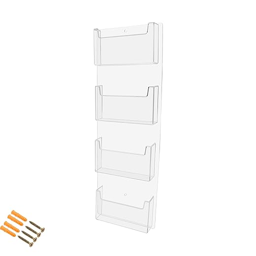 Marketing Holders Post Card Display with Hardware 4 Pocket Wall Mounting Clear Acrylic Multi Slot for 6" Wide Index Cards Organizer Rack Display Space Saver Hotels Motels Gift Shops