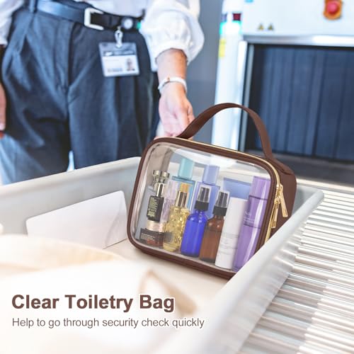 Image of Wedama Clear Toiletry Bag, 2 Pack Clear Makeup Bags with Handles, Large Travel Bags PVC Cosmetic Bag for Women and Men, Carry on Airport Airline Compliant Bag, Brown