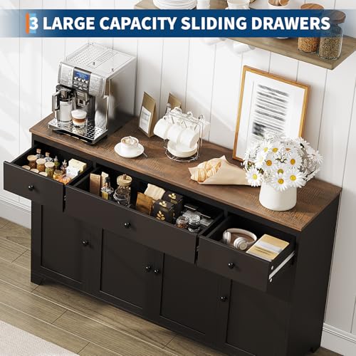 55" Sideboard Buffet Cabinet with Storage, Coffee Bar with Adjustable Shelves, 3 Drawers and 4 Minimalist Doors, Long Storage Cabinet for Kitchen, Dining Room, Living Room- Black