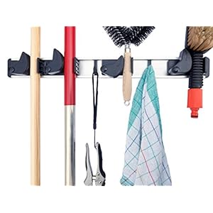 Bumag Mophouder/bezemhouder/gereedschapshouder of haaklijsten met 4 klemhouders en 3 haken voor bezem, mop en tuingereedschap // multifunctionele opberglijst voor garage of tuinhuis