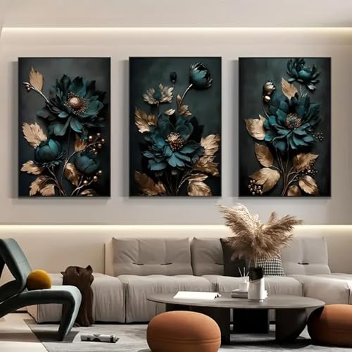 Affiches créatives sur toile lot de 3 peintures de fleurs bleues et vertes sans cadre 40x60cm