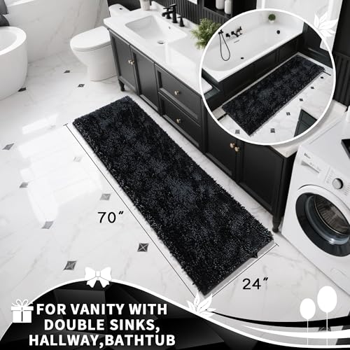 Image of Yimobra Long Bathroom Rugs Runner 70x24 Inch, Extra Thick Soft Absorbent Chenille Bath Mat, Non Slip Machine Washable, Quick Dry Bath Rugs for Bathroom Floor, Tub and Shower, Black
