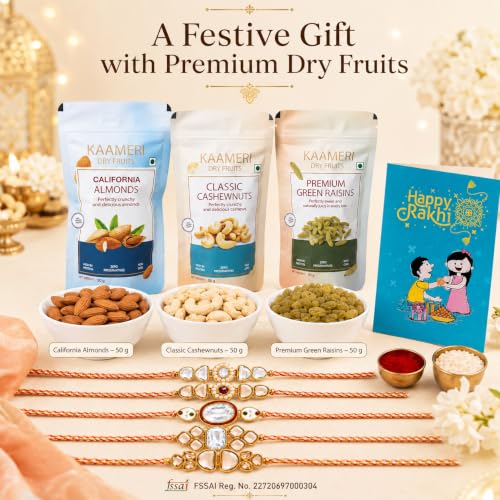 Image of Kaameri Bazaar Rakhshabandhan Gift Hamper for Brother - Combo with Dry Fruits - Rakhi for brother with Cashewnuts, Almonds, Raisins, Greeting Card and Roli Chawal Pack - Set of 5