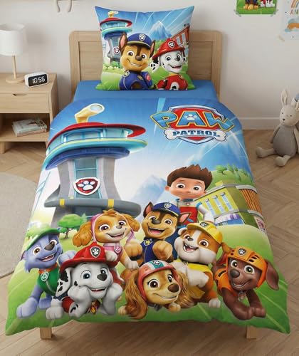 Aymax Parure de Lit Pat’ Patrouille – Housse de Couette Enfant 140x200 cm + Taie d'oreiller 65x65 cm – Polycoton – avec Chase, Marcus, Stella, Ruben, Ryder...