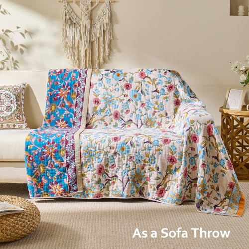 Image of VANJOROY Boho Throw Blanket, 100% Organic Cotton Breathable Skin-Friendly Ultra Soft 50 inch x 60 inch Bed Quilt Throw - Floral Rustic Decor Luxury Reversible Blanket for Sofa Couch Chair and Gift,