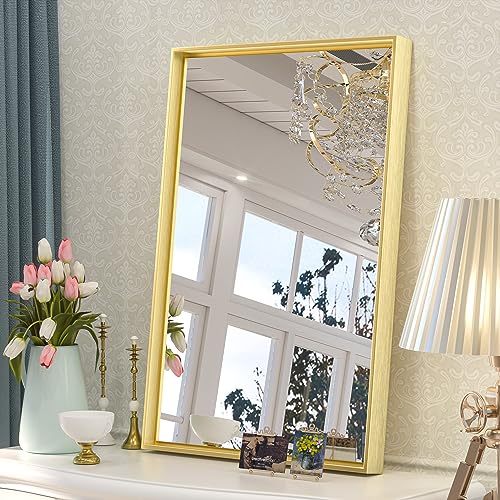Image of Keonjinn 16x24 Inch Gold Bathroom Mirror for Over Sink, Brushed Framed