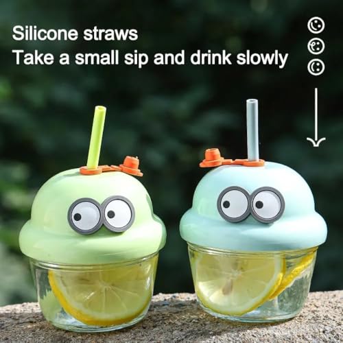 Image of 210ml Cartoon Glass Mug with Lid and Straw, Kawaii Cute Glass Coffee Mug, Bubble Tea Glass Cup, Glass Tumbler for Milk, Juice, Iced Coffee, Smoothie Home & Travel 210ml (Multicolour) 1 Pack.