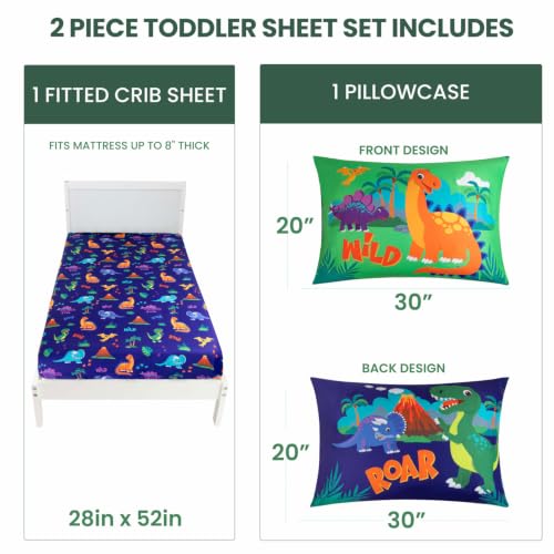Image of Todays Kids 2-Piece Dinosaurs Toddler Bed Sheets Set - Soft & Breathable Toddler Bedding Set, Machine Wash & Fade Resistant - Secure Fitted Sheet & Matching Pillowcase - Fits 28 inch x 52 inch Crib Mattress