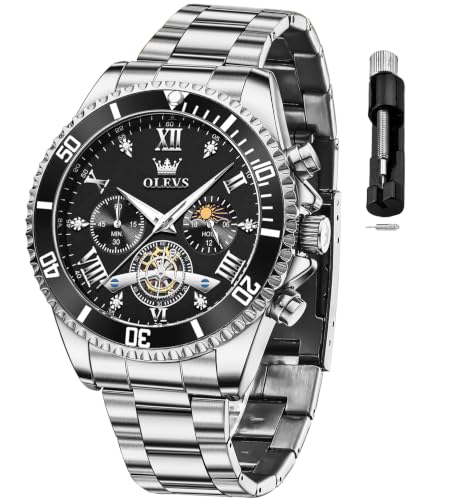 Image of OLEVS Mens Watches Chronograph Luxury Dress Moon Phase Two Tone Stainless Steel Waterproof Luminous Business Calendar Wrist Watch