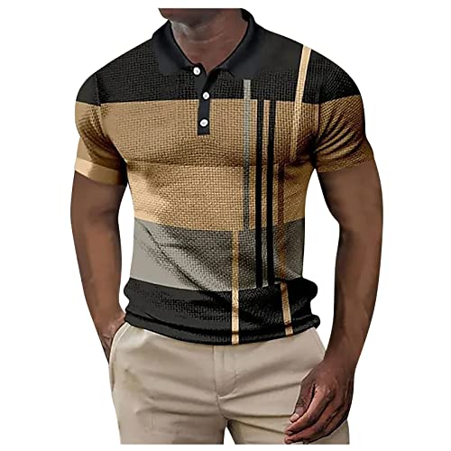 Camiseta de manga corta con botones y primavera para hombre con estampado a rayas a juego a cuadros, Oro Rosa, S