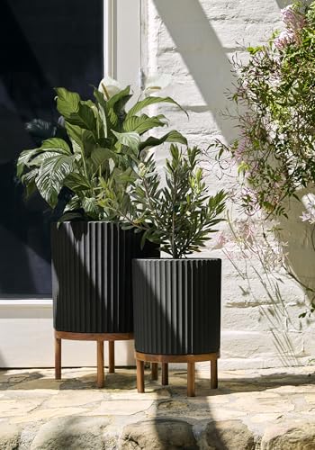 Image of Veradek Demi Series Raised Duo Planters - Set of 2 Planters with Stands | Made From a Durable Plastic-Stone Composite & Comes With Wooden Stand. Modern Porch /Patio Decor