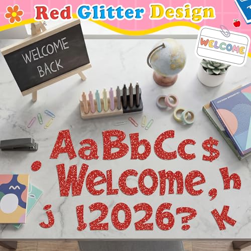 Image of Colarr 144 Pcs Glitter Bulletin Board Letters for Classroom Number Alphabet Punctuation Symbol Cutout 4'' Die-Cut Poster Letter with Adhesive Dot School Party Holiday Decor Display(Red)