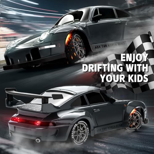 Image of RC Drift Car 1 /24 Widebody Grey Remote Control Drift Car for Adults | 4WD 20KM /H High Speed RC Sports Cars with LED Lights, Extra Racing Tires, Vehicle for Boys Kids Beginners Indoor Outdoor