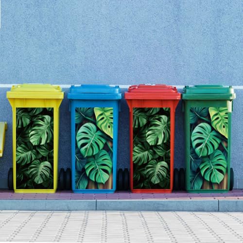 Image of Peacoblue Wheelie Bin Stickers 2 Sheets Monstera Leaves Sticky Dustbin Stickers Decals, 15 inch x 32 inch Waterproof Large Wraps for Trash Cans Bins Fridges Door Wall Garden Outdoor Indoor Patio Decor