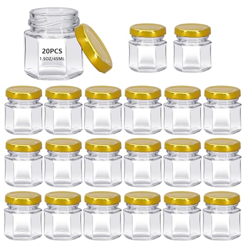 eispap 20Pack 1.5 oz Mini Clear Honey Jars for Wedding Favor, 45ml Small Glass Favor with Airtight Lids, Gift Jars, Sample Body Butter, Jam, Spices, Herbs, Candy, Candle (Gold cap)
