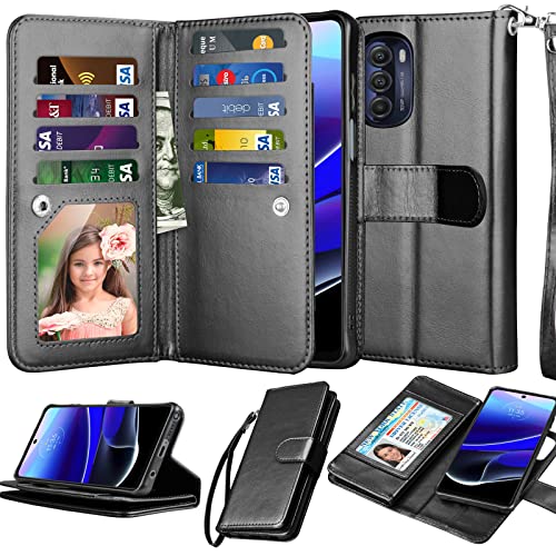 NJJEX Wallet Case for Motorola Moto G Stylus 2022 5G, for Moto G Stylus 2022 5G Case, [9 Card Slots] PU Leather Credit Holder Folio Flip [Detachable] Kickstand Magnetic Phone Cover & Lanyard [Black]