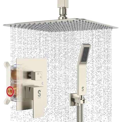 SR SUN RISE Brass 10 Inches Ceiling Mounted Shower System Brushed Nickel Bathroom Luxury Rain Mixer Shower Combo Set Ceiling Install Rainfall Shower Head System Cover