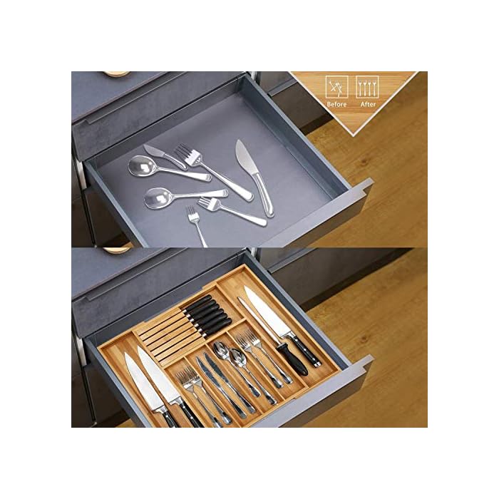 VaeFae Bamboo Silverware Drawer Organizer Kitchen, Expandable Utensil