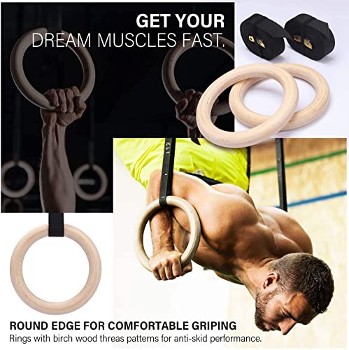 Image of Gymnastic Birch Wood Rings with Heavy Duty Adjustable Strap | Roman Rings Perfect for Calisthenics Competition and Conditioning Training