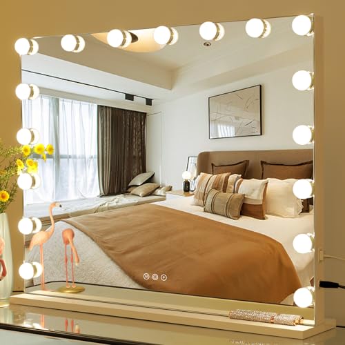 LEINASEN Hollywood Vanity Mirror with Dimmable 17LED Bulbs Lights Large Makeup Mirror with Lights Metal Frame Dimmable 3 Modes Touch Control USB Charging, Tabletop or Wall-Mounted, 23.62