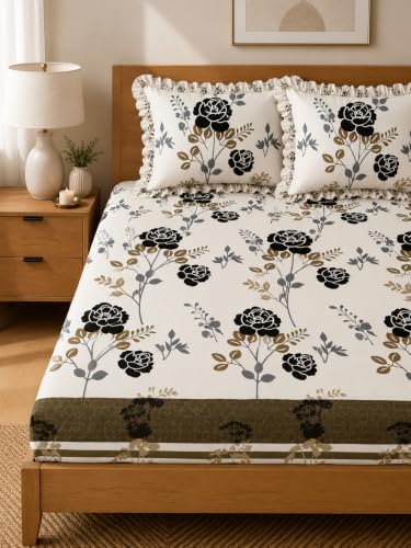 Image of King Size Fitted Bedsheet for Double Bed | 300 TC Cotton Feel Microfiber | All Around Elastic with 2 Frill Pillow Covers | Soft & Durable | (Design7, Fitted -60x78 Queen)
