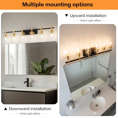 Image of SOLFART 49.2 inch Vanity Light fixtures Vintage 6 Lights Wall Light Fixtures Above Mirror for Bathroom Brass and Black with Clear Glass Shade (Exclude Bulb)
