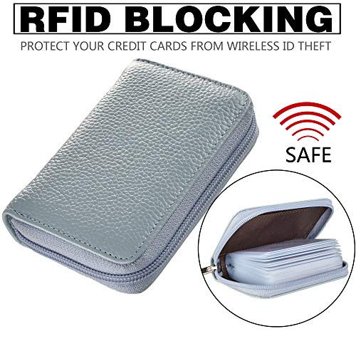 Image of Easyoulife Genuine Leather Credit Card Holder Zipper Wallet with 26 Card Slots (Light Blue)