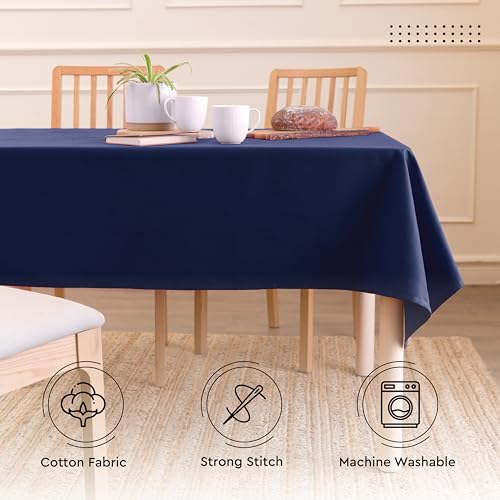 Image of Encasa XO Dining Table Cover Cloth for 6 to 8 Seater | 140x240 cm Cotton Canvas Rectangular Table Cloth | Machine Washable Tablecloth for Indoor & Outdoor Use - Navy Blue Solid Color