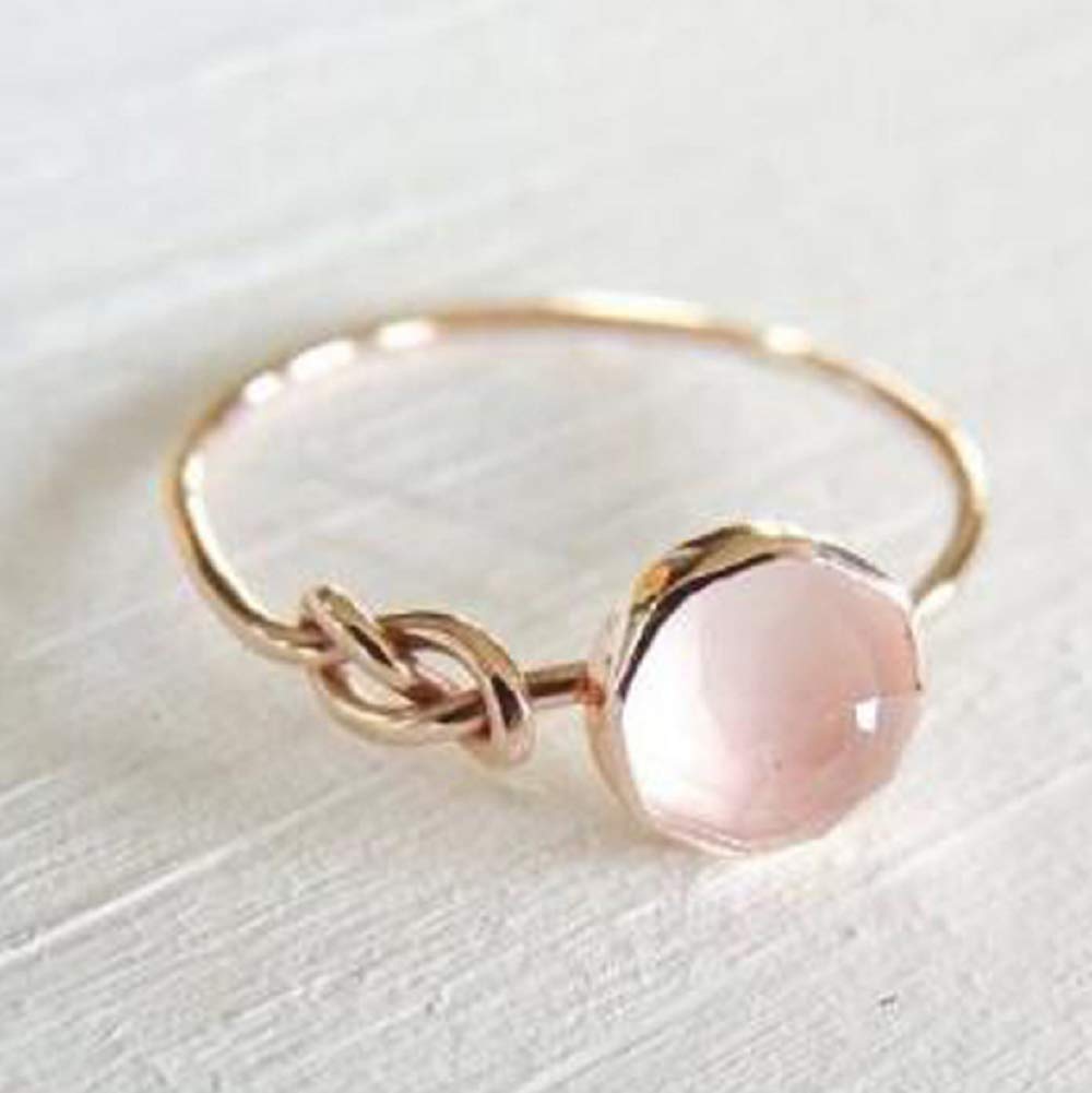 LzzFashion Lady Opal Ring Pink Moonstone 18K Rose Gold Ring Round Cut Single Stone Ring Wedding Ring Size 6-10