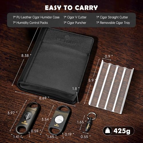 Cigar Humidor Case, Portable Cigar Box with Cigar V Cutter, Straight Cigar Cutter, Cigar Punch, Cigar Humidifier Packs, Travel Humidor and Cigar Accessories Gift Set Leather Cigar Case (Black) - Image 4