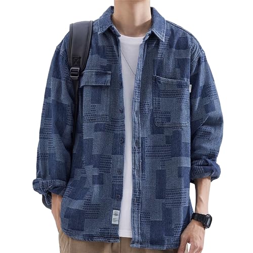 Men's Patchwork Lapel Jean Outerwear Plaid Casual Soft Denim Jacket Printed Loose Fit Cowboy Coats