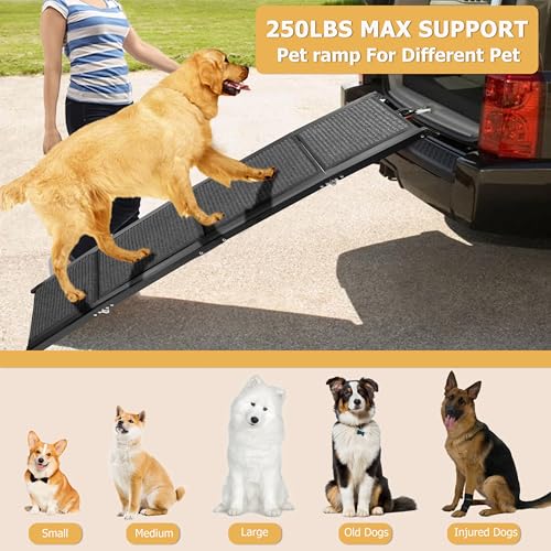 YINGXUN Foldable Dog Ramp for Car, SUV & Truck – Non-Slip Rug Surface, Lightweight Aluminum Pet Ramp, for Medium & Large Dogs, Max Load 250LBS 62"/158cm x 17"/43cm (Black) by YINGXUN - Image 5